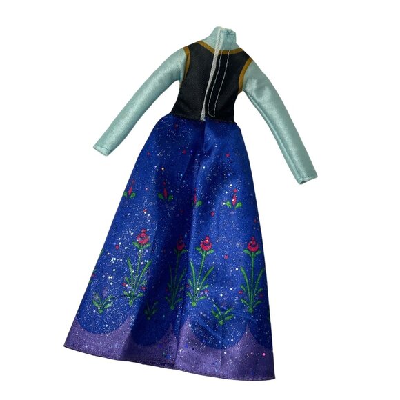 Disney Frozen Anna Doll Dress Costume Sparkly Blue Gown With Floral Pattern - Picture 2 of 4